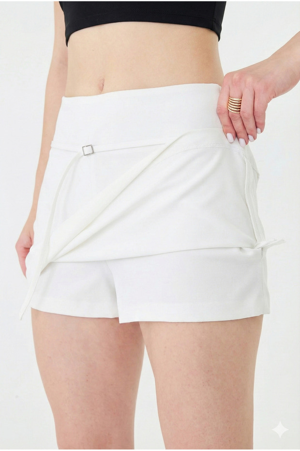 Shorts Skirt Women's Skirt with Shorts Mini Metal Buckle Belted Belted Side Zipper White Fabric - 6