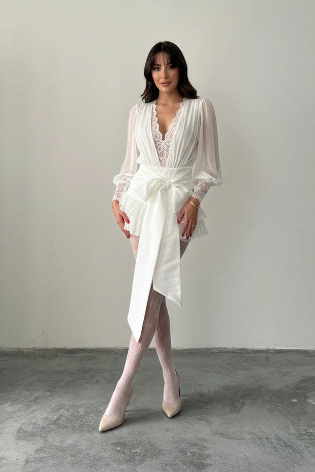 Dantel İşlemeli Volanlı Şifon Mini Elbise - 2