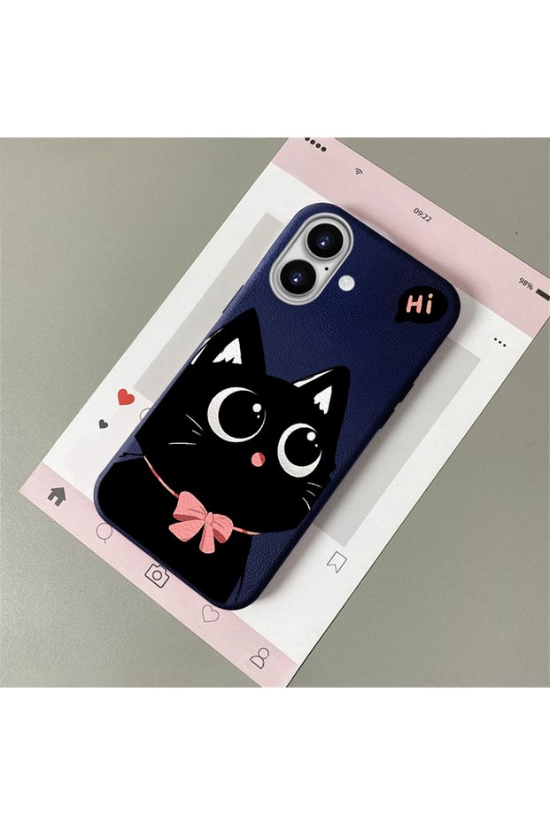iPhone 16 Compatible Leather Texture Anti-Fall Soft Silicone Phone Case Cat