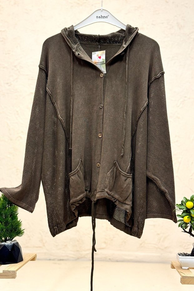Organic Knitwear Cardigan with Mesh Hood and Sleeves, Machine Washable