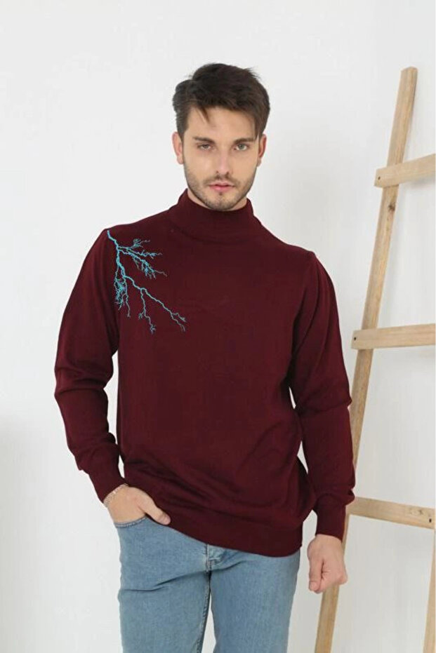 Men's Half-Turtleneck Sweater Printed Woven Knitwear - Claret Red