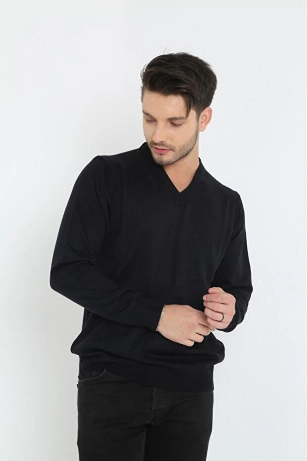 Men's V-Neck Sweater Long Sleeve Plain Weave Knitwear - Black