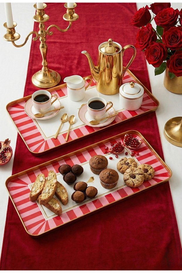 Gold Framed Set of 2 Pink Patterned Decorative Rectangular Trays (13X30)