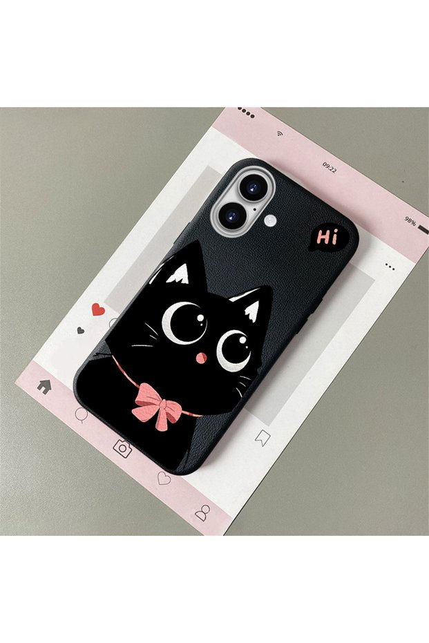 iPhone 16 Compatible Leather Texture Anti-Fall Soft Silicone Phone Case Cat