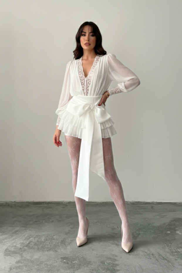 Dantel İşlemeli Volanlı Şifon Mini Elbise - 3