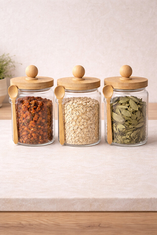 3-Piece Jar Seasoning Set with Bamboo Spoon and Gasket Lid 600ml Kw-739