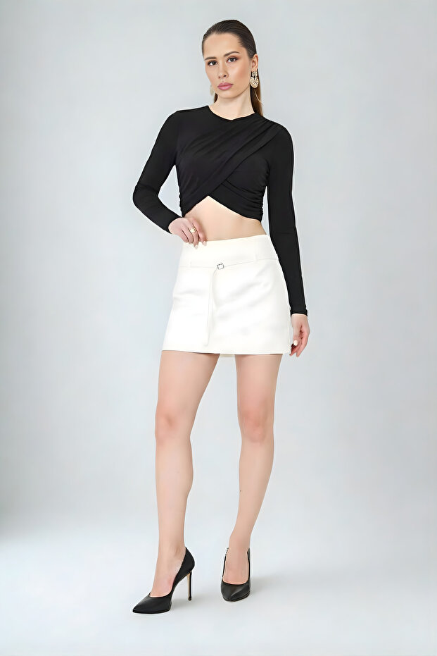 Shorts Skirt Women's Skirt with Shorts Mini Metal Buckle Belted Belted Side Zipper White Fabric - 1