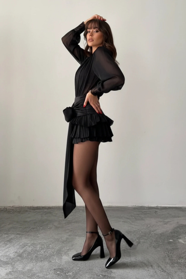 Dantel İşlemeli Volanlı Şifon Mini Elbise - 4