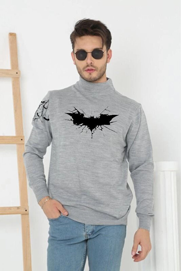 Men's Half-Turtleneck Sweater Printed Woven Knitwear - Gray