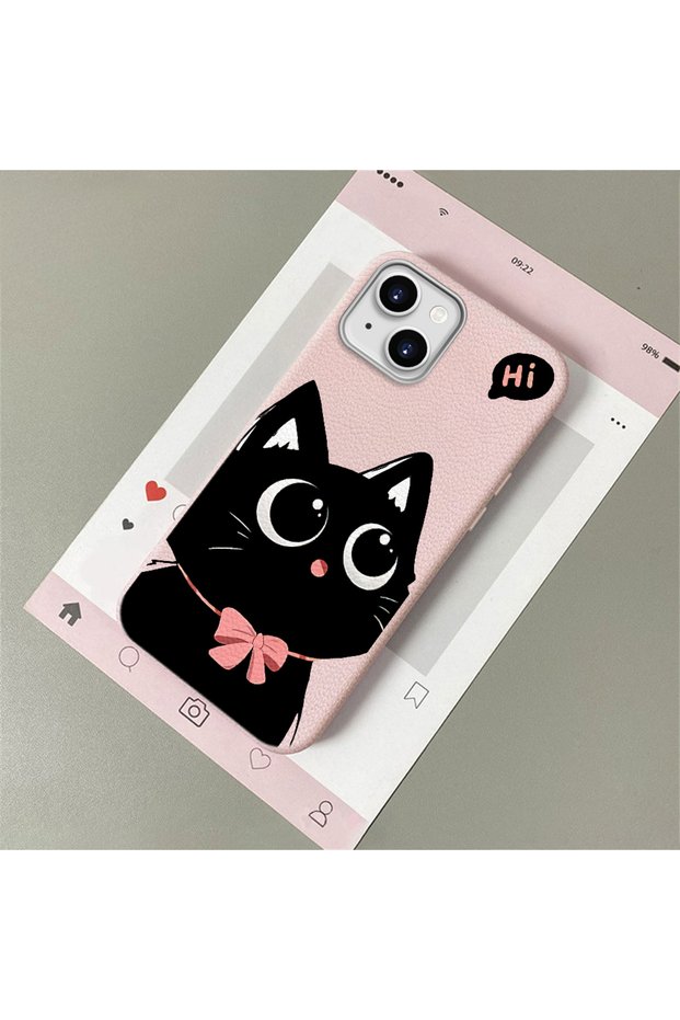 iPhone 14 Plus/15 Plus Compatible Leather Texture Anti-Fall Soft Silicone Phone Case Cat