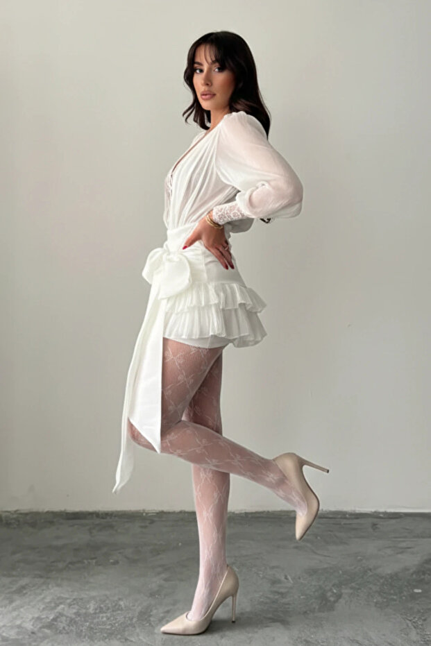 Dantel İşlemeli Volanlı Şifon Mini Elbise - 4