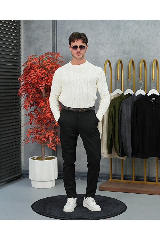 Men's White Hair Knit Textured Crew Neck Regular Knitwear Sweater