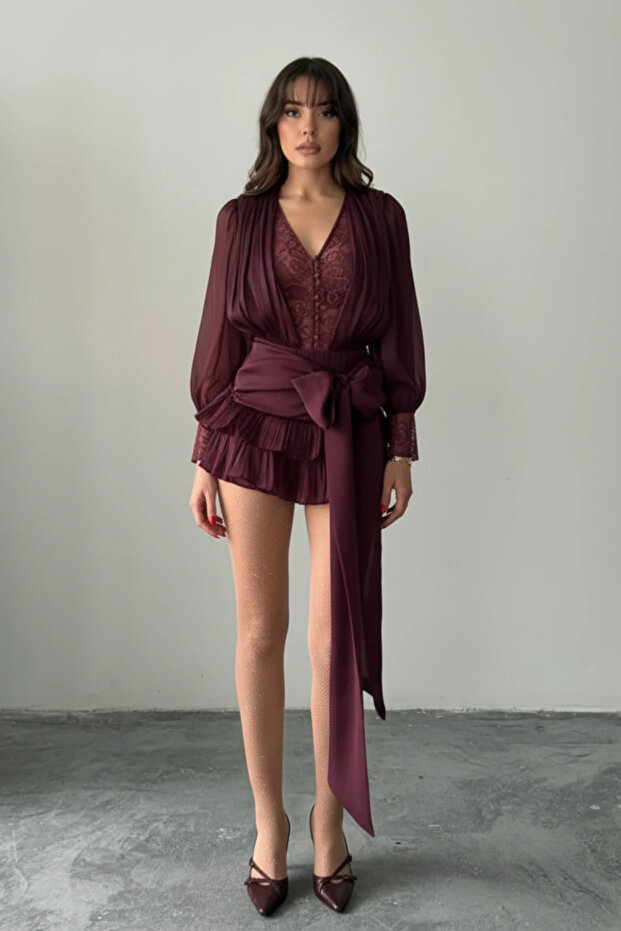 Dantel İşlemeli Volanlı Şifon Mini Elbise - 4