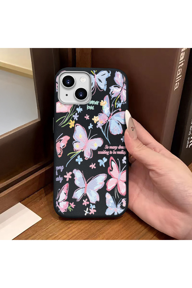 iPhone 14/13 Compatible Phone Case Leather Texture Anti Fall Soft Silicone Butterfly