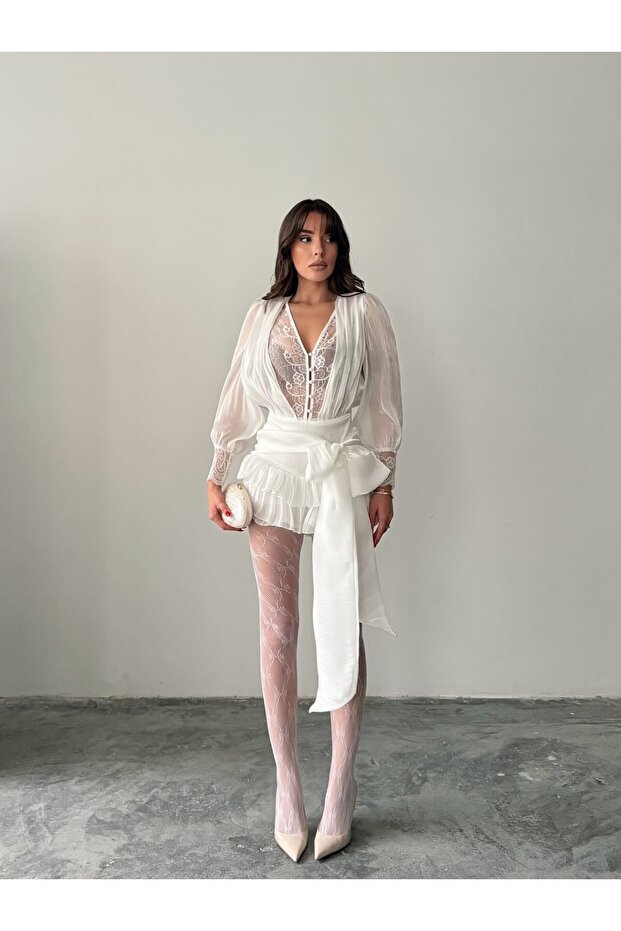 Dantel İşlemeli Volanlı Şifon Mini Elbise - 1