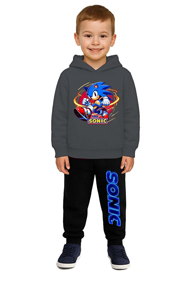 Sonic Printed Children's Tracksuit Set 3 Thread Ş Fleece-Lined Cotton Fabric Hooded