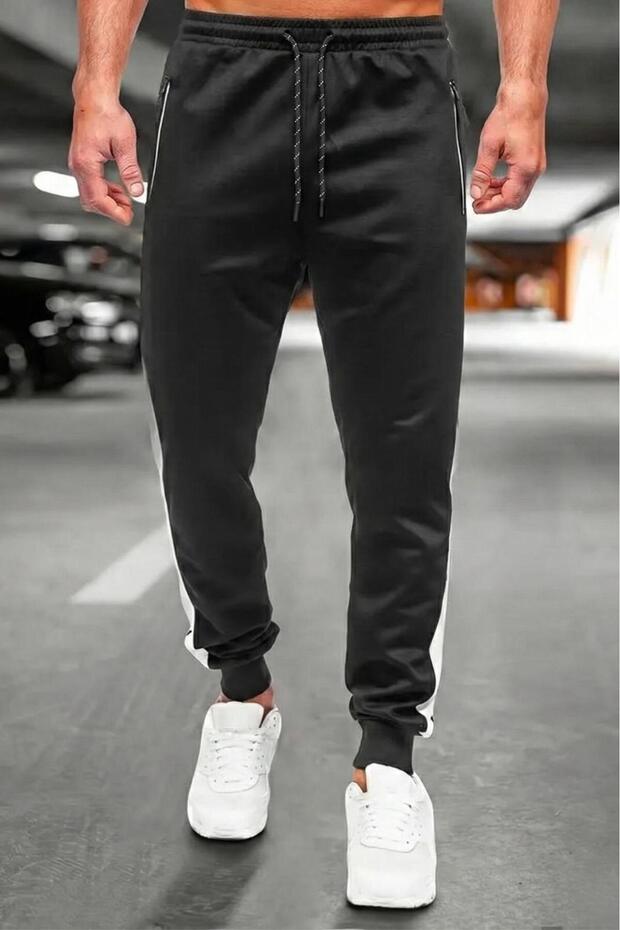 Perni Men's Black Slim Fit Gradient Stripe Zipper Pocket Jogger Sweatpants - 3