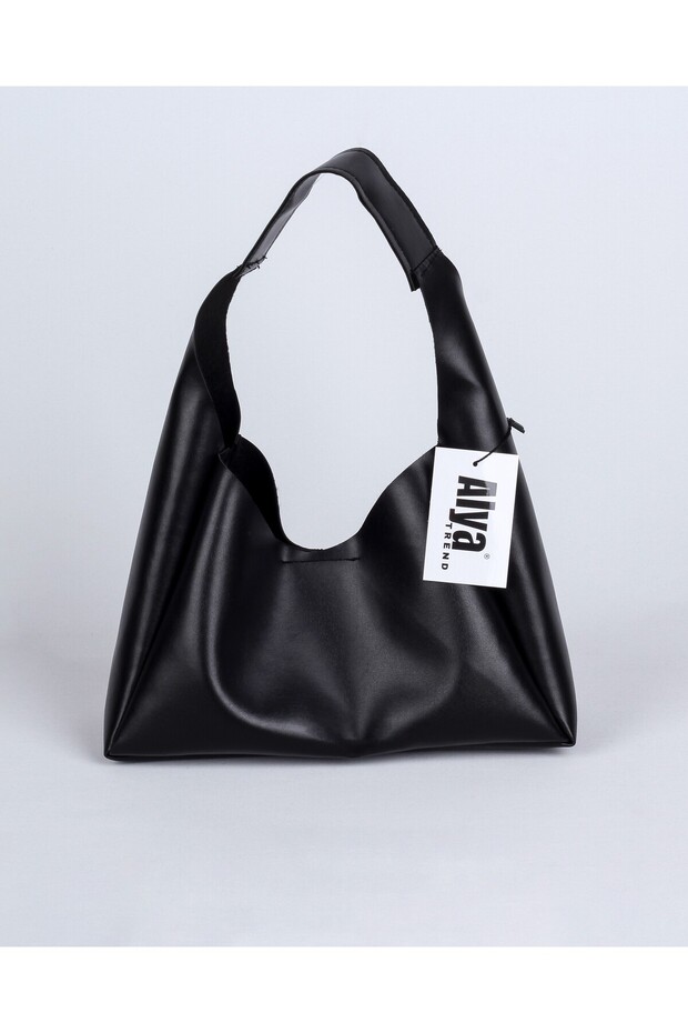 Black Faux Leather Hand and Shoulder Bag with Snap Closure