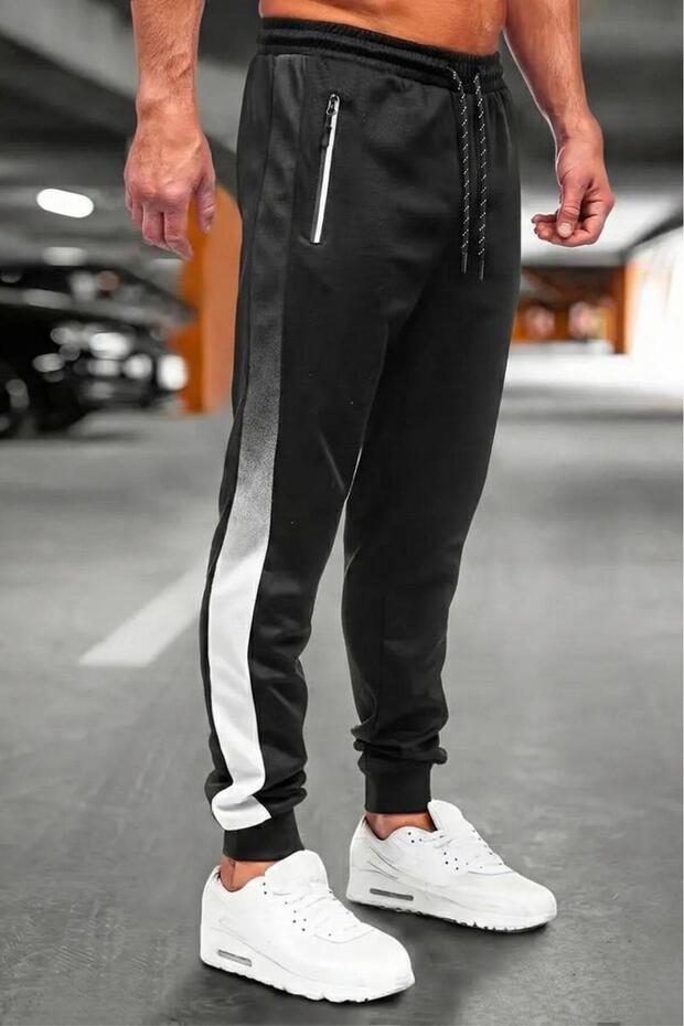 Perni Men's Black Slim Fit Gradient Stripe Zipper Pocket Jogger Sweatpants - 2