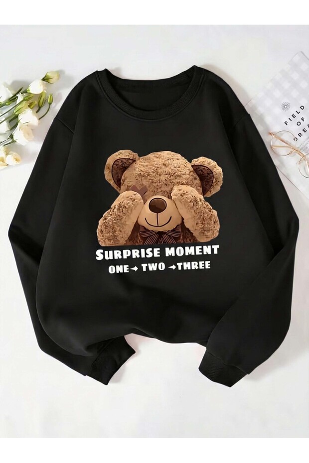 Unisex Black Surpirse Printed Hooded Sweatshirt