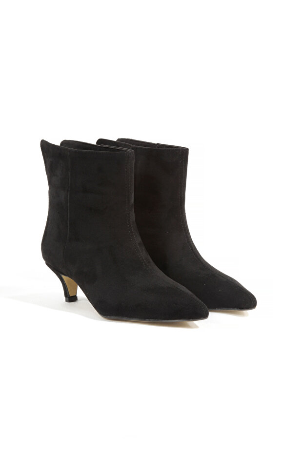 Black Suede Faux Leather Stitching Detailed Pointed Toe Thin Heeled Stylish Comfortable Women's Boots Trend