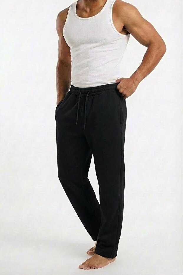 Men's Black 3 Thread Winter Sweatpants – Thick Fabric, Comfortable Fit Single Bottom C7T1N81