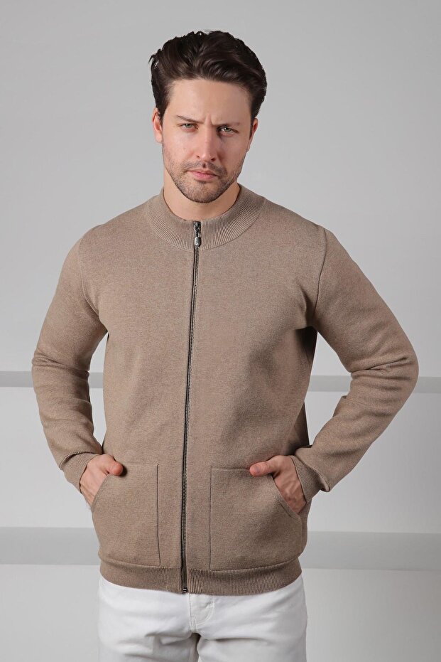 Beige Double Pocket 100% Cotton Men's Knit Cardigan
