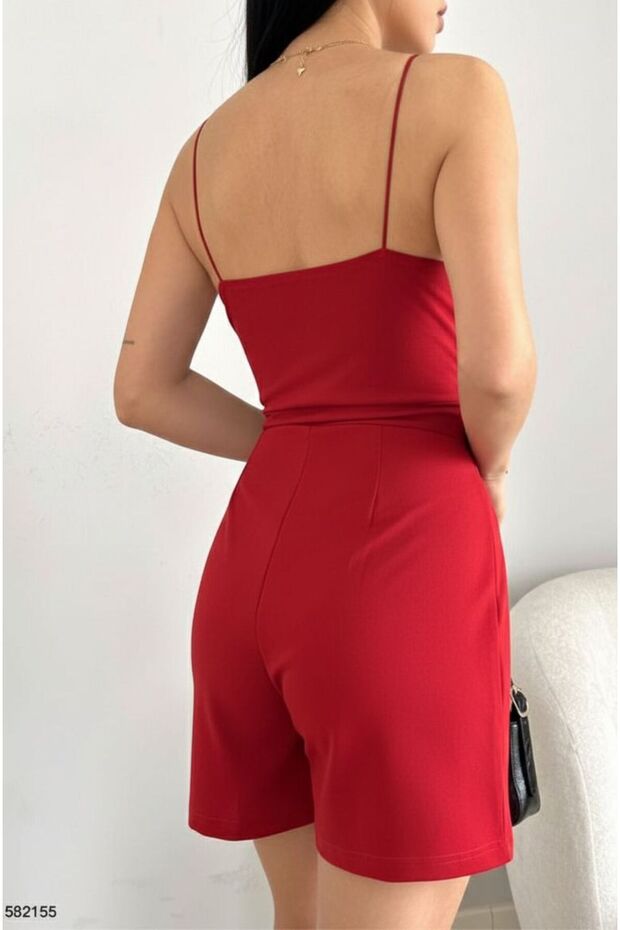 Women's crepe fabric mini jumpsuit with straps and shorts - 2