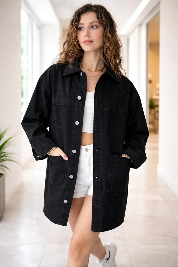 Women's Black Oversized Jean Jacket Long Model Jeans - 7