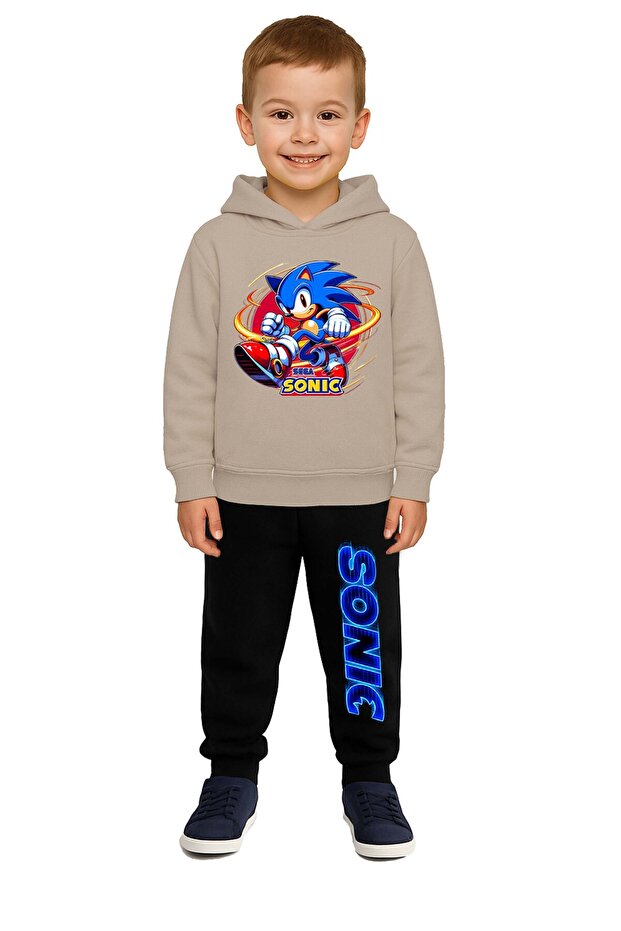 Sonic Printed Children's Tracksuit Set 3 Thread Ş Fleece-Lined Cotton Fabric Hooded