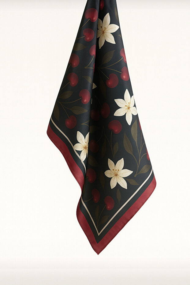 Cherry and Flower Patterned Scarf - 2
