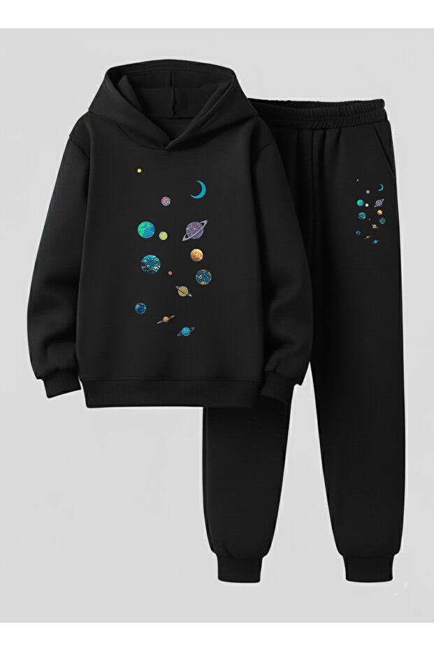 Sweatshirt - Tracksuit Set Kids (Hooded) Planets Printed 3 Thread Raised Lettering