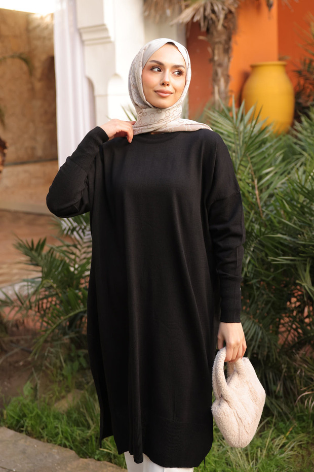 Black Loose Fit Long Length Knitwear Tunic - 4