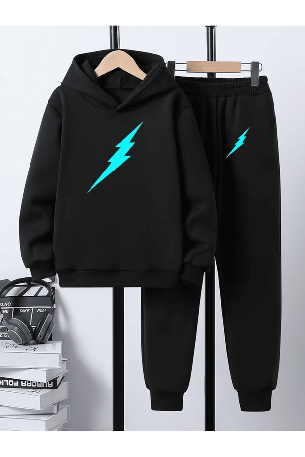 طقم هودي وبنطال مطبوع بنقشة الصاعقة (Lightning)