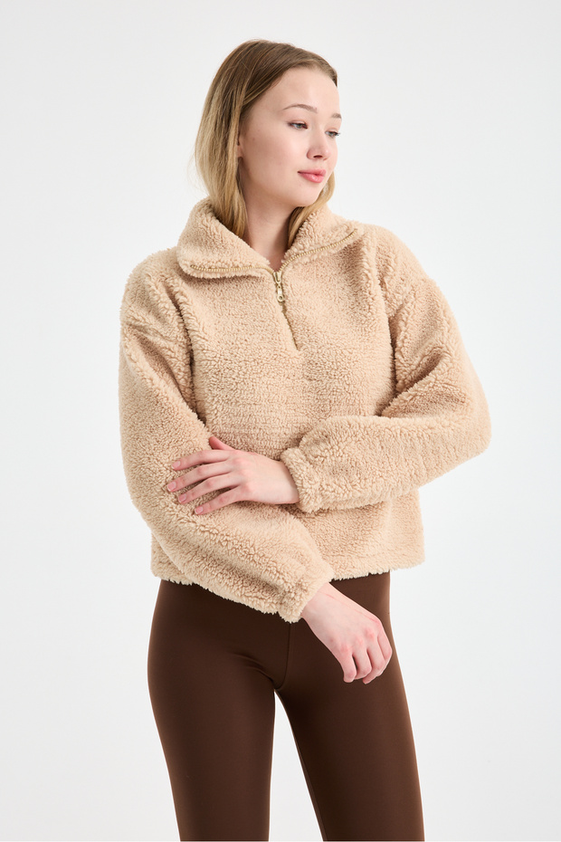 Women's Mock Neck Plush Fleece Rubber Detailed Winter Coat