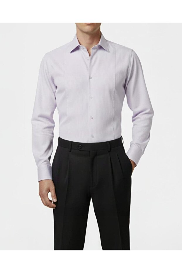 Italian Style S Slim Fit L Stretch Fabric Stripes Tie Collar Men's Shirt Purple T11926 - 2