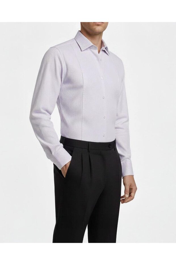 Italian Style S Slim Fit L Stretch Fabric Stripes Tie Collar Men's Shirt Purple T11926 - 1