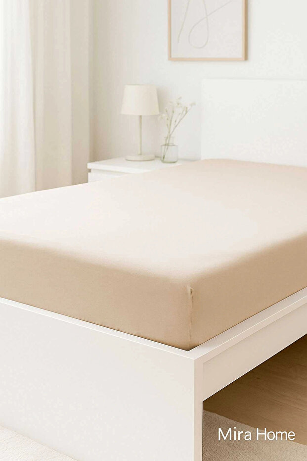 Double Plain Combed Cotton 100% Cotton Fitted Sheet 180X200 Newsheet Beige