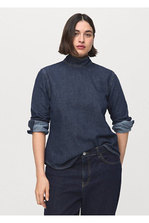 Bağcıklı denim gömlek - 8