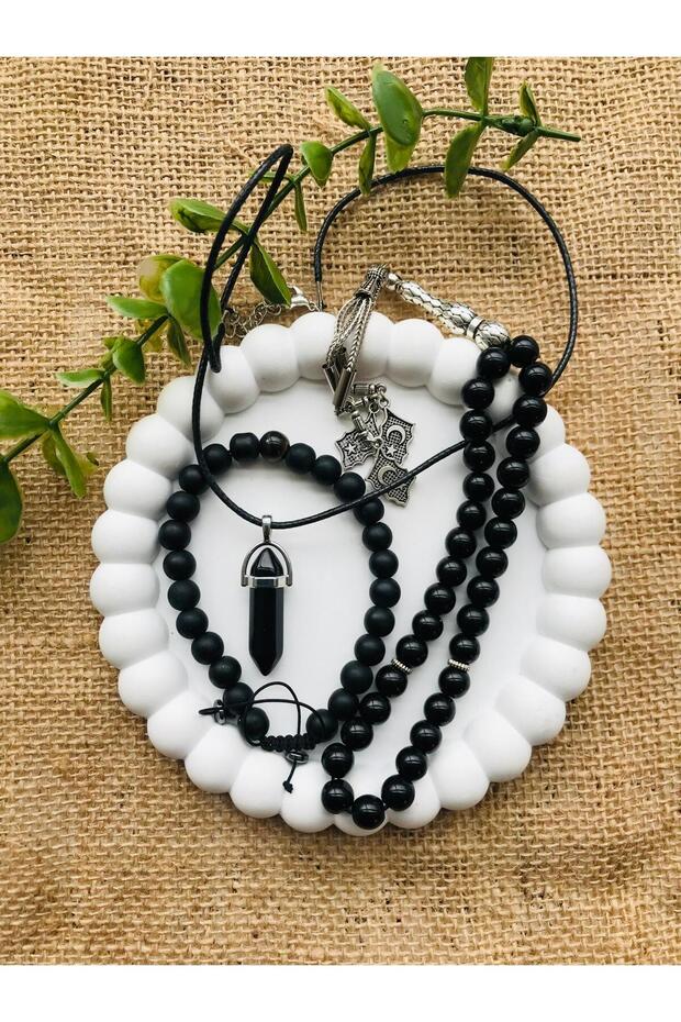 Onyx Stone Bracelet Tesbi̇h Pandül Necklace Set