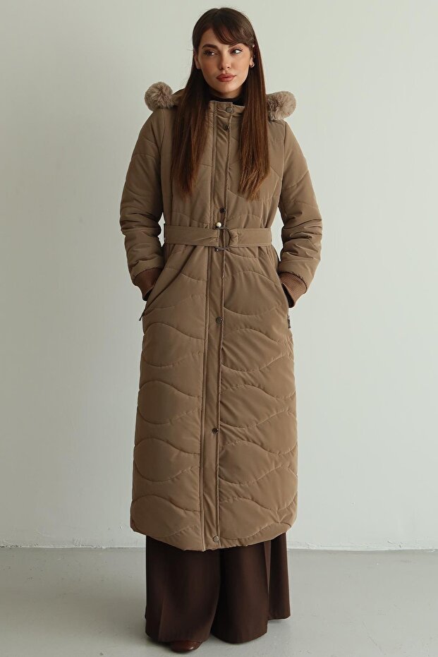 Long Quilted Coat with Removable Hood and Fur Zipper S.Brown 6802