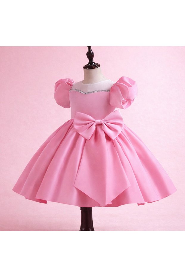 Special Design Pink Color Stone Princess Model Balloon Sleeve Bow Detail Girls' Evening Dress