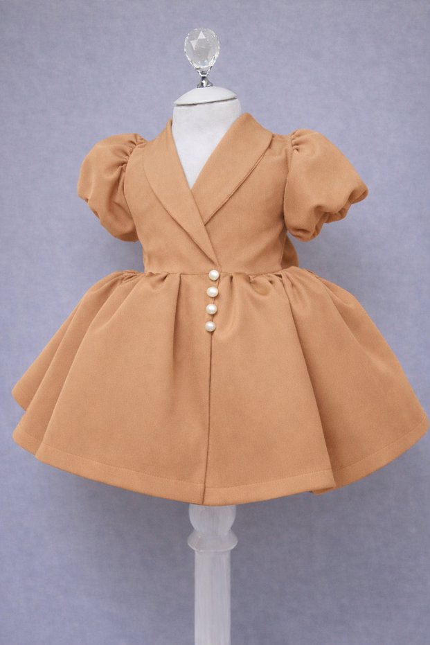 Special Design Light Brown Pearl Button and Bow Accessories Short Balloon Sleeve Girls Evening Dress