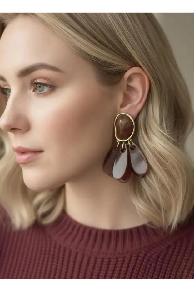 Burgundy Gold Detailed Dangle Cluster Vintage Women's Earrings Jewelry