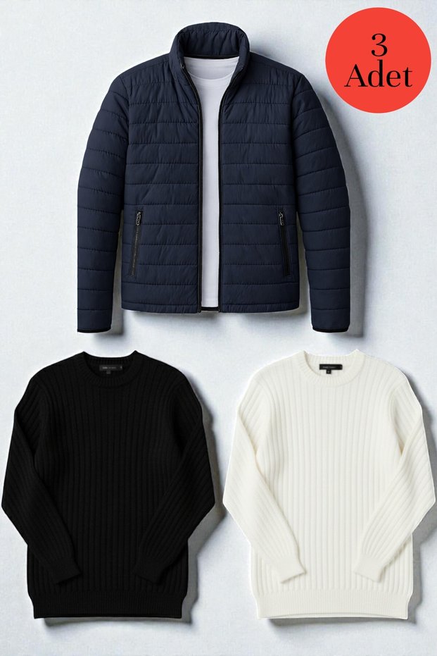 3-Piece Men's Winter Combination Pack – 1 Puffer Jacket + 2 Corded Fabric Crew Neck Thick Knit Sweaters