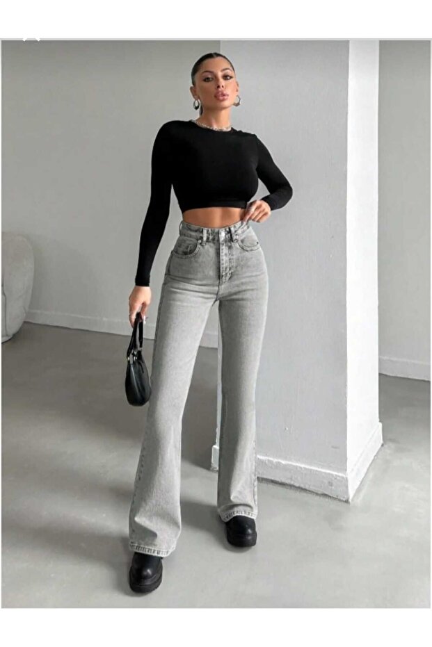 High Waist Lycra Flare Leg Jeans - 5