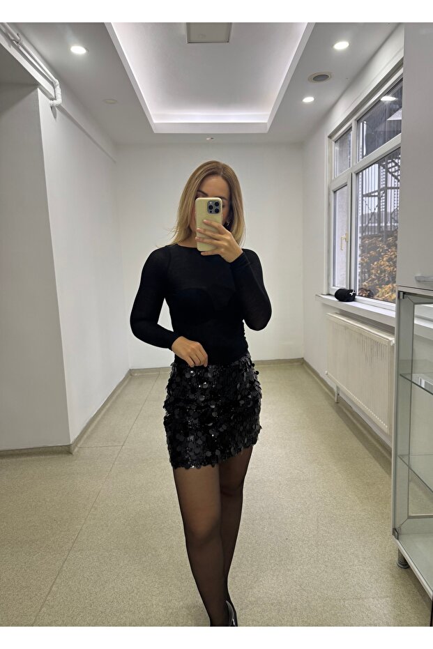 SİYAH PULLU İÇİ ŞORTLU ETEK - 1