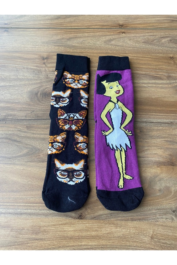 🧦 Patterned Fun Socks – Set of 2 (Cat & Stone Age Themed)