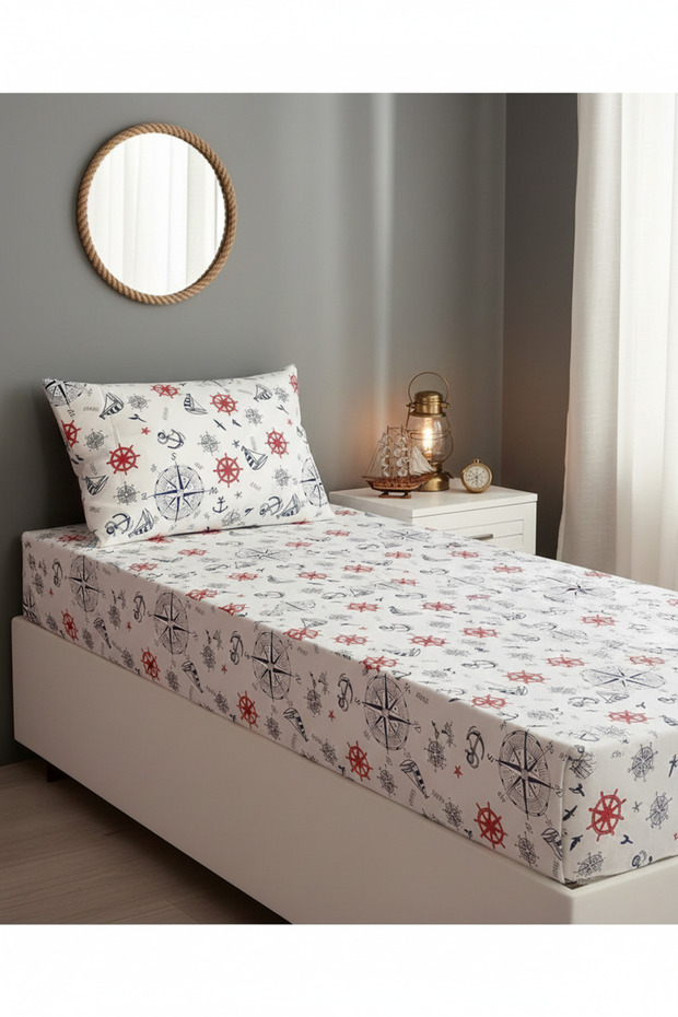 طقم ملاءات سرير مطاطية فردية بنمط بحار أحمر - 4