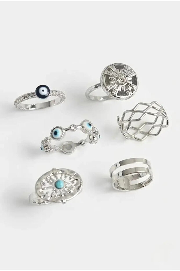 Brass Silver Color Evil Eye Bead Detail Pearl Butterfly Embroidered Women's Ring Combination